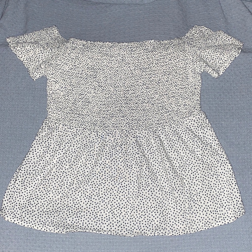 Large Blue and White Polka Dot Off the Shoulder Shirt